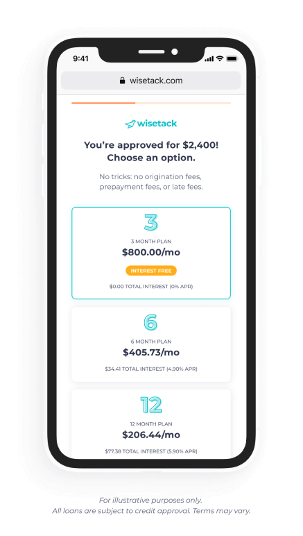 Illustrative Wisetack mobile screen showing example financing offers